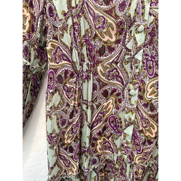 MISS JUNE | Paisley Maxi Dress Button Front Boho Long Sleeve Tiered Maxi | Large - Picture 4 of 7